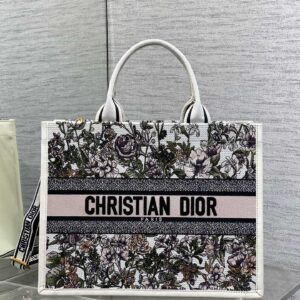Dior Book Tote (White & Pink Flora Embroidery)(36cm)